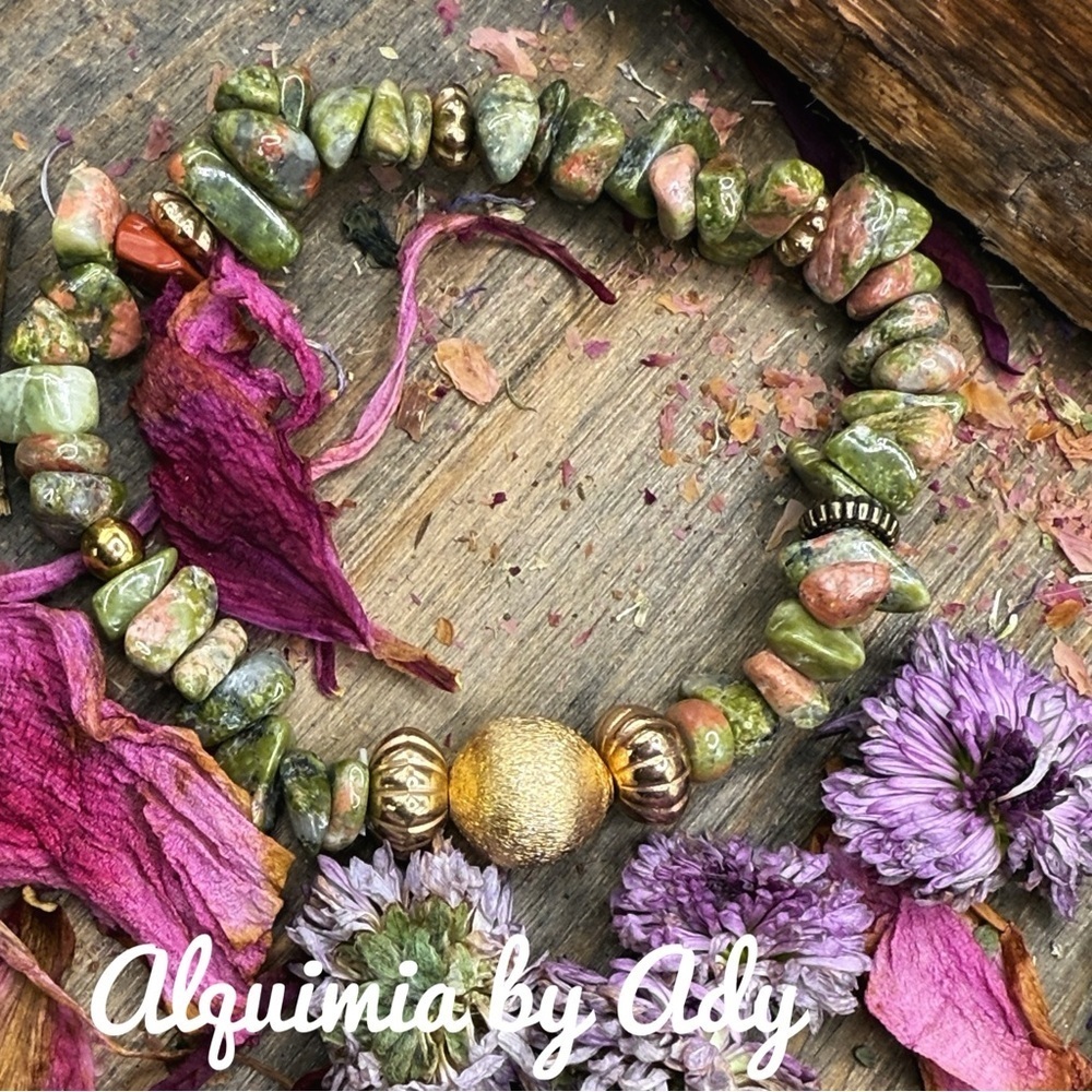 Fall + Boho + Unakite gold beaded bracelet